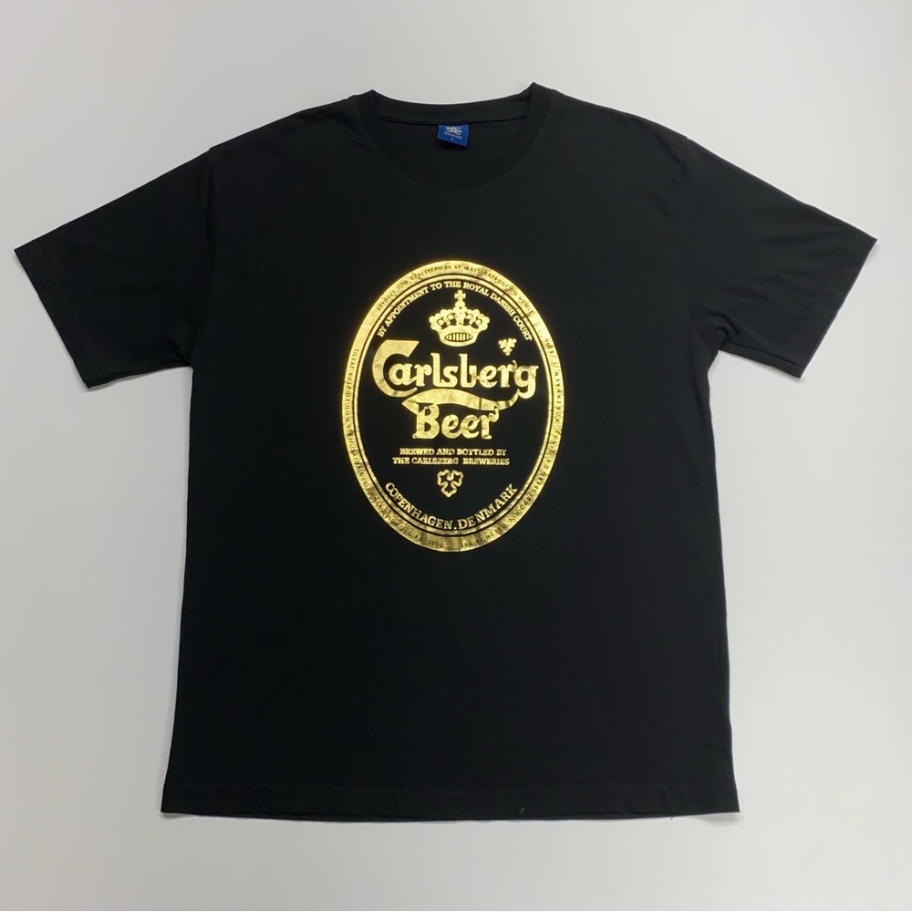 Carlsberg Beer Logo Black & Gold Graphic Print Monogram T-Shirt Sz L